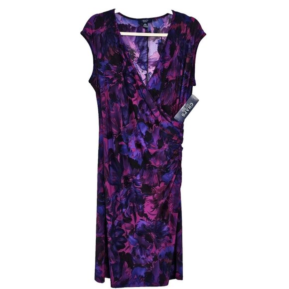 Chaps Sheath Dress Womens Large Purple Floral Faux Wrap Bodycon Ruched Surplice - Picture 2 of 11